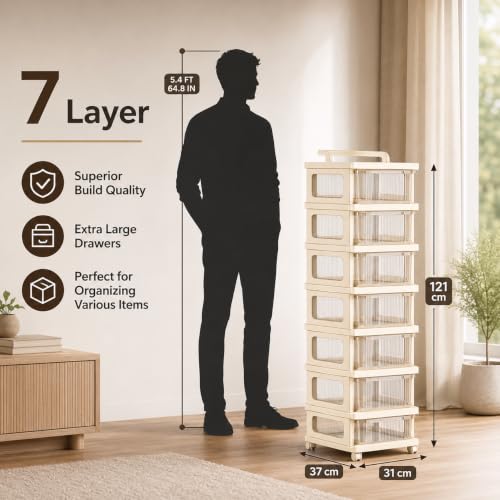 Image of Heavy Duty Plastic Storage Drawer with Wheels | Modular Cabinet for Bedroom, Office, Home or Classroom| Chest of Drawers Organiser for Cosmetics, Kitchen items, Toys (White Transparent, 7)