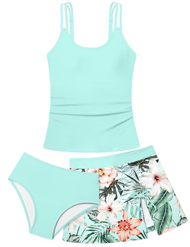 Image of Girls Swimsuit Tropical 3 Piece Tankini Adjustable Strap Bathing Suit Solid Modest Swimwear with Drastring Skirt 9-16y