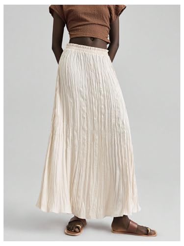 Verdusa Women's Satin Silk Boho Ruffle Flowy Long Skirts Textured Pleated Business Maxi Skirt3