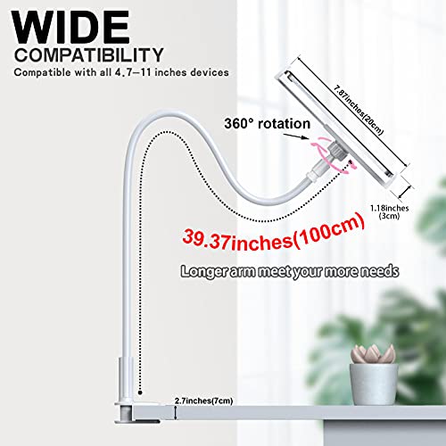 Image of Cell Phone Gooseneck Holder, Universal Gooseneck Phone Stand Clip Lazy Bracket Flexible Clamp 100CM 39.4inches Long Arms Mount (WHITE)