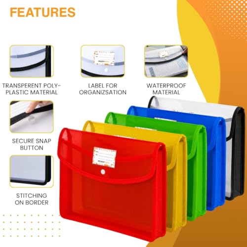 Image of Amazon Basics Horizontal File Folder | Transparent Poly-Plastic Envelope Pouch for A4 /Foolscap Documents | Water Resistant Snap Button File Storage Bag | Office, School Stationery | Black - Pack of 5