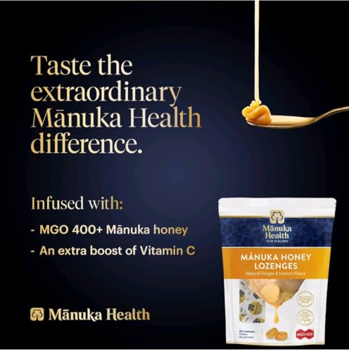 Image of Manuka Health Manuka Honey Cough Drops - 58 Natural Lemon & Ginger Flavored Throat Lozenges Infused with Raw Manuka Honey and Vitamin C for Immune Support