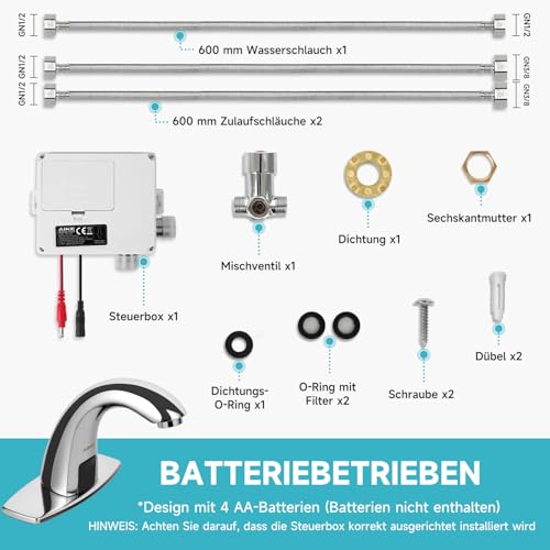 AIKE AK7500 Berührungsloser Wasserhahn Badezimmer, Automatischer Sensor Wasserhahn Einlochmontage mit Abdeckplatte für Gewerbliche Waschräume, Chrom