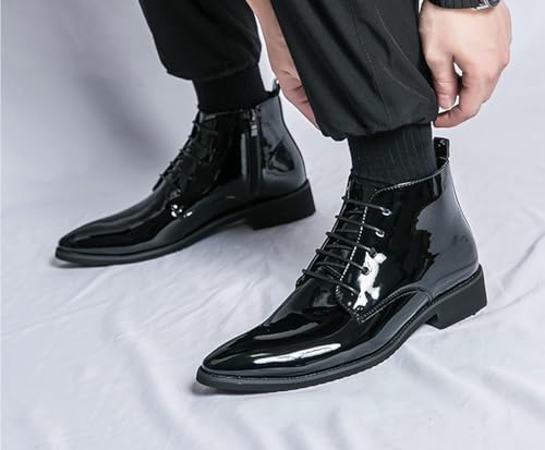 Generic Men's Leather Pointed Toe Chelsea Dress Boots Fashion Lace-up Side Zipper Chukka Boots High Top Business Oxford Ankle Boots3