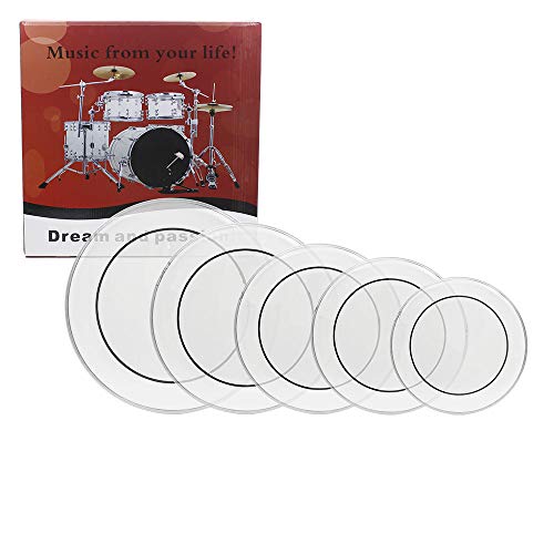 Pinikuyiro 5 Pieces Drum Heads, 12\" 13\" 14\" 16\" 22\" Drum Head Kit, Standard Drumhead Pack Fit for Rock & Metal (Transparent)