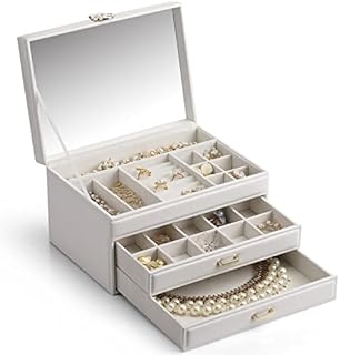 Vlando Jewellery Organiser Box with Large Mirror and Luxury Metal Fitting, 3 Layers Jewelry Storage Case for Rings Bracelets Earrings Necklaces,Gift for Women Girls Christmas New Year Gift (Grey)