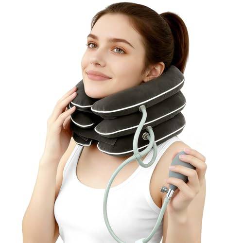 DIIKEN Cervical Neck Traction Device for Home Use Pain Relief,Neck Stretcher,Inflatable Support Neck Brace Adjustable,Neck Stress Relief&Relaxation Metal Valve TPU Liner with Air-Tightness(Dark Gray)