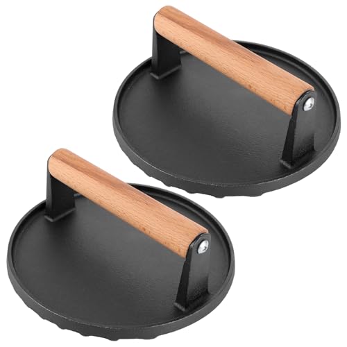 SHUESS 2 presse per hamburger in ghisa antiaderente, grande smasher con manico resistente al calore, per bistecche, hamburger, pancetta, salsicce e panini (diametro 17,5 cm)