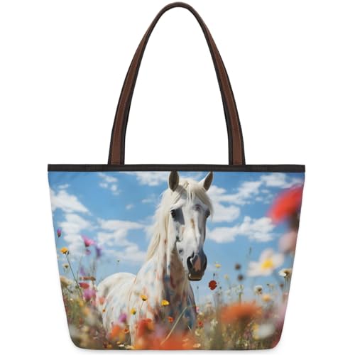 White Horses Flower Fields Tote Bag Multi Pocket Zippered Beach Bag Lightweight Waterproof Handbag for Women Men Work Gym Travel Swimming Yoga Grocery Shopping M
