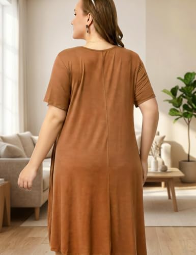 Image of OVERWORETY Womens Short Sleeve Plus Size T-Shirt Dress V Neck Casual Loose Swing A-Line Summer Tunic Dresses with Pockets