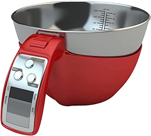 Fradel Digital Kitchen Food Scale With Bowl (Removable) And Measuring Cup - Stainless Steel, Backlight, 11Lbs Capacity - Cooking, Baking, Gym, Diet - Precise Measuring (Red) #TOP6