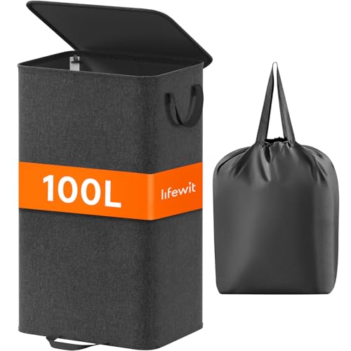 Lifewit Single Laundry Hamper with Lid, Removable Laundry Bags, Black
