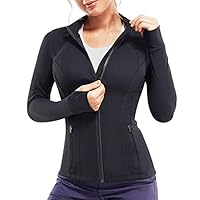 TrainingGirl Womens Sports Jacket Full Zip Workout Running Jacket Slim Fit Long Sleeve Yoga Track Jacket with Thumb Holes (Black, Medium, m)