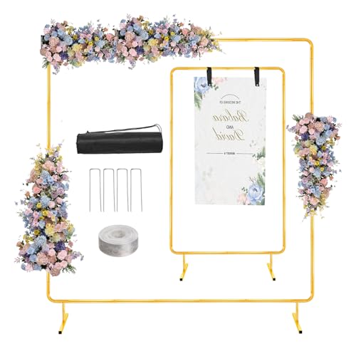 WellSign 6.6FTx6.6FT Wedding Balloon Arch Backdrop Stand Gold Square Rectangular Metal Background Arch Frame for Garden Flower Arch Birthday Baby Shower Parties Decoration