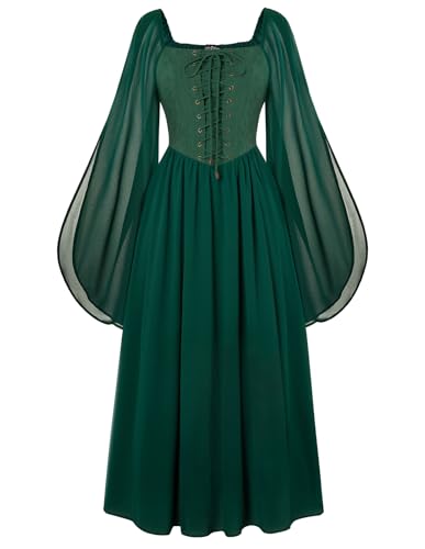 SCARLET DARKNESS Damen Mittelalter Maxikleid Retro Hohe Taille mit Schlitzärmel Peasant Kleid Dunkelgrün M