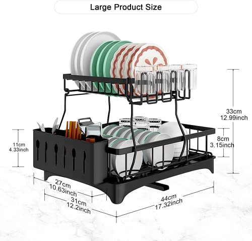 Dish Drying Rack For Kitchen Counter, 2 Tier Large Kitchen Drying Rack With Drainboard, Anti-Rust Stainless Steel Dish Drainer With Utensil Holder Wine Glass Holder For Cup Bowl Plate #TOP5