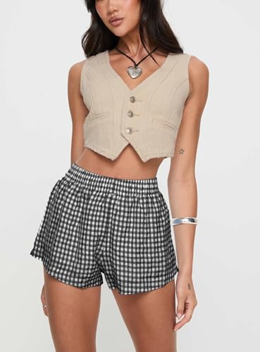Image of Chunoy Women's Plaid Boxer Shorts Summer Casual Gingham Pajama Bottoms Short with Pockets