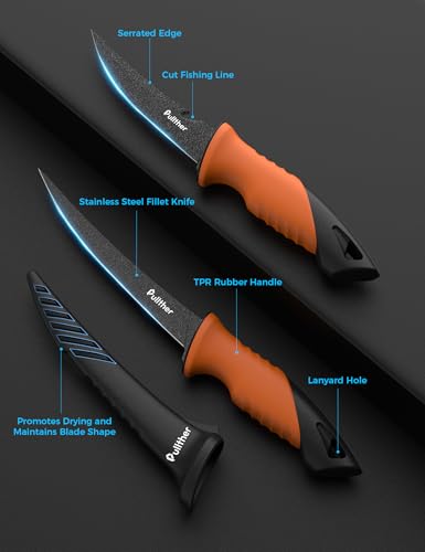 pullther Angelmesser Set 2-teilig, 13cm Ködermesser & 18/23cm Filetiermesser mit magnetischen Schutzhüllen, Edelstahl korrosionsbeständig – Angelausrüstung Geschenk