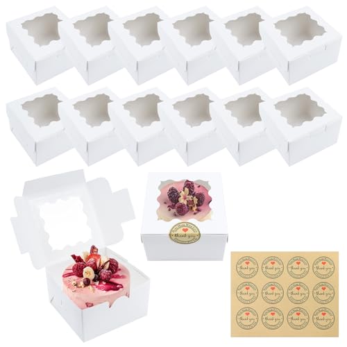12 scatole piccole per torte, scatole di carta bianca per cupcake e biscotti, con finestre e 12 adesivi, mini scatole per torte, dessert, brownie per regali, piccole torte, caramelle (10 x 10 x 6,5