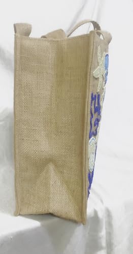 Boho Evil Eye Jute Tote Bag, Beaded Embroidered Design, Natural Burlap with Blue AccentsShoulder Bag for Women3