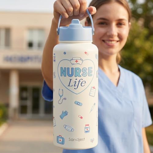 Nurse Water Bottle Stainless Steel 32oz with Lid & Straw, Nurse Life Insulated Bottles Gifts for Women Medical Students Friends Birthday Christmas Nurse Week