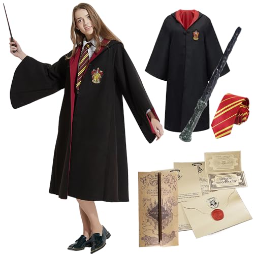 NAVESO Zauberer Kostüm Magier Kostüm Magier Robe Zauberer Umhang für Erwachsene mit Zauberstäbe Umhang und Krawatte Unisex Uniform für Halloween Karneval Cosplay