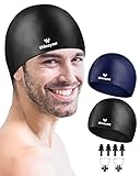 2 Pack Silicone Swim Cap for Men Women, Unisex Adult Swimming Caps for Short/Long Hair to Keep Hair Dry, Waterproof Bathing Caps for Swimming with Ear Plugs & Nose Clip Set(Black&Navy)