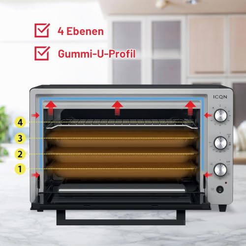 Foto von ICQN Minibackofen 60 Liter XXL mit Umluft, Drehspieß, Emailliert, Inox Grau