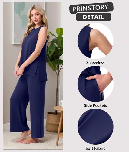 Image of PrinStory Womens Pajamas Sets 2 Piece Soft Pjs for Women Sleeveless Pajama Set Summer Loungewear with Pockets