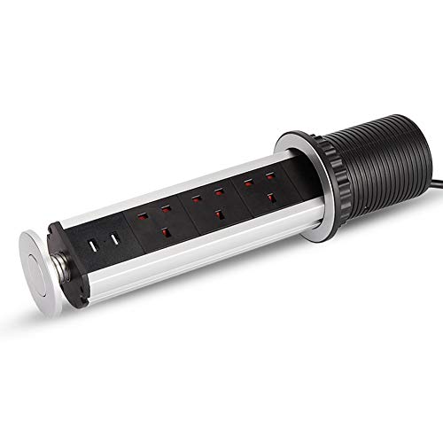 Pull Pop Up Power Sockets for Kitchen Worktops Electrical Plug Socket with 2 USB Charging Ports - Silver - 2