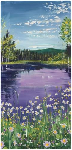 フェイスタオル 薄手 森の湖の花の油絵 タオル 吸水 速乾 ふわふわ 柔らか肌触り 美しい自然の風景 魅力的な花 フェイシャルタオル 洗顔タオル 大判 家庭用、ホテル、業務用、スポーツなどにも最適 四季通用 73x35cm