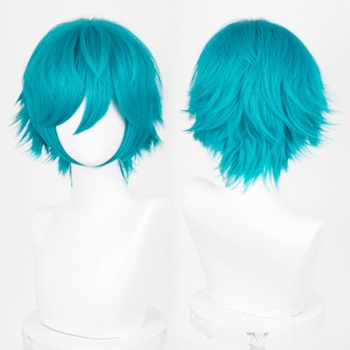 Image of LABEAUTE Short Cyan Anime Cosplay Wig Male Men Anime Layered Unisex Heat Resistant Hair Wig with Bangs for Party and Halloween for Gift + Free Cap