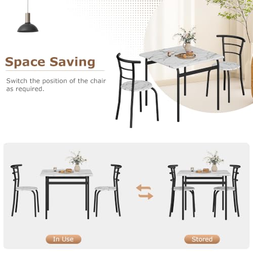 Image of VECELO 3-Piece Dining Table Set for Kitchen Breakfast Nook, Faux Marble Square Tabletop and Metal Frame, for Small Spaces, White & Black