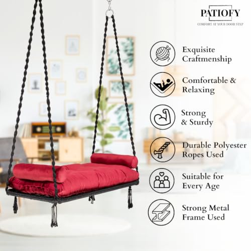 Image of Patiofy Double Seater Plank Swing for Adults | Indoor and Outdoor Use | Jhula for Adults with Red Sitting Cushion & with Round Bolster Pillow | Hanging Kit Included | Weight Capacity - 150 Kg - Black