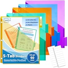 Binditek 5-Tab Binder Dividers with One Front Pocket, Fits Standard 3-Ring Binder, Large Pocket, Insertable Tabs for Quick Organization, Multicolor, 12 Sets 60 Pack