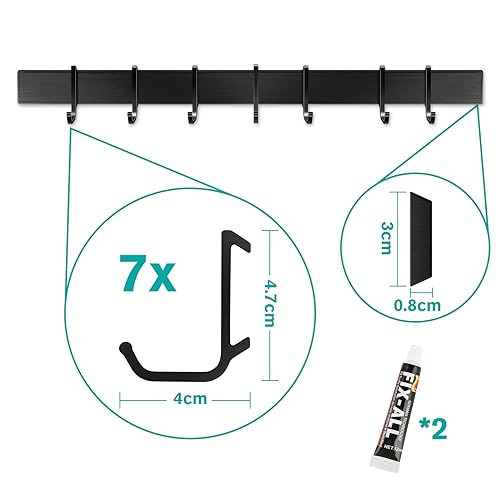 Miniatura 4 de Soporte Para Utensilios De Cocina Sin Taladro, Barra De Herramientas De Cocina Con 7 Ganchos Móviles, Soporte De Utensilios De Cocina Adhesivo, Alumini,Negro