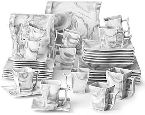 MALACASA Marble Gray Dinner Set, 36-Piece Porcelain Square Dinnerware Set, Serving Dishes with Dinner Plates, Dessert Plates and Soup Plates, Cups and Saucers, Coffee Mugs, Service for 6, Series Flora