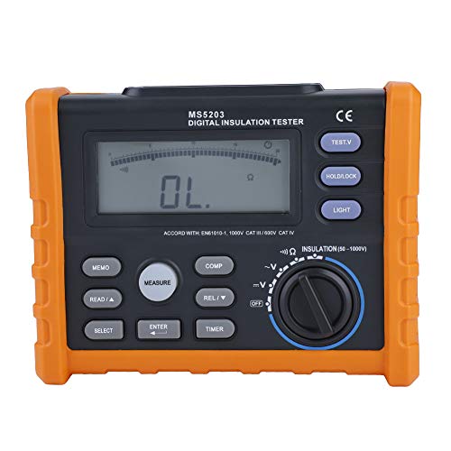 PEAKMETER MS5203 Digital Insulation Tester 50-1000V Automatic PI DAR Calculation Backlight Display AC DC Voltage Measurement Continuity Test with Backlight Display