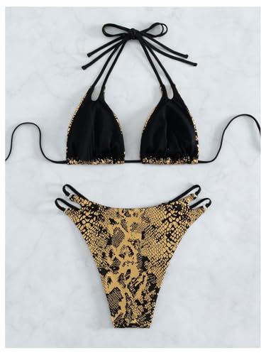 SOLY HUX Bathing Suit for Women Metallic Snakeskin Print Halter Triangle Cut Out Bikini Sets Two Piece Swimsuit2