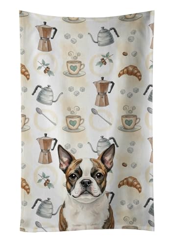Caroline's Treasures Brindle Boston Terrier Coffee Bar Kitchen Towel Velour Plush Front and Cotton Loop Back Machine Washable