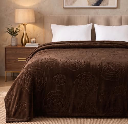 Image of BSB HOME 280 GSM Micromink Blanket, Premium Soft Warm Cozy Winter Blanket, Plush Double Bed Blanket, Ultra Soft Comfortable Bedding, Embossed Floral Design, 82 x 86 Inches (208 x 218 cm) - Espresso