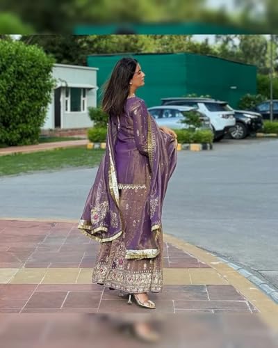 Image of Women's Designer Sharara Suit Set, Purple Silk with Zari Embroidery, Traditional 3-Piece Ethnic Wear