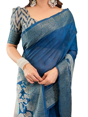 Image of ALMAARI FASHION Handloom Cotton Saree, Teal Blue with Silver Zari Border, Traditional Floral Print, 5.5 Metres with Blouse Piece