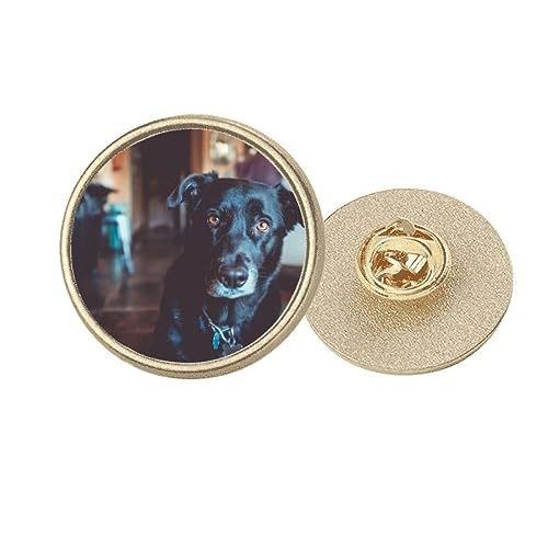 Broche ronde chien noir en métal doré à la finition brillante