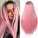 Produktbild ATAYOU® 24 Zoll Damen Lange Gerade Dunkle Wurzeln Rosa Ombre Synthetische Perücken Für Cosplay Halloween Karneval (Rosa Ombre)