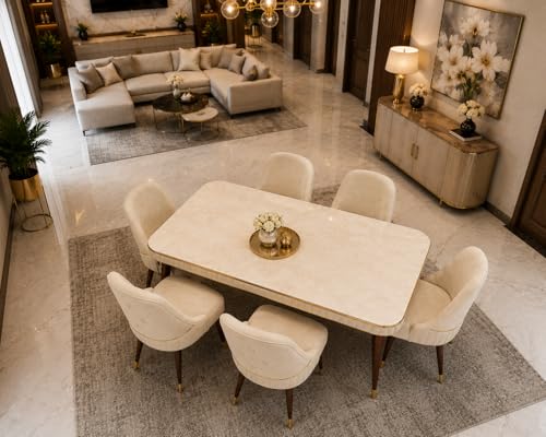 Image of WOODEN SPACE 6-Seater Wooden Dining Table Set | Nano Composite Marble Top | Solid Wood Base | Modern Dining Room Furniture with 6 Chairs (Beige Grand Aura)