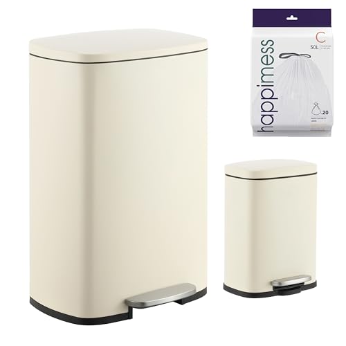 happimess HPM1006F Connor Rectangular 13-Gallon Trash Can with Soft-Close Lid and Free Mini Trash Can, Fingerprint Resistant, Modern, Minimalistic for Home, Kitchen, Office, Bathroom, Limestone Beige by happimess - Used condition - US$82.69