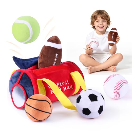 My First Sports Bag Baby Sports Toys Infant boy Toys with 5pcs Sensory Balls Basketball Football Baseball Soccer Tennis Rattle Toy for 0-3 6 9 12 Month Girl Newborn Shower 1st Birthday Gifts