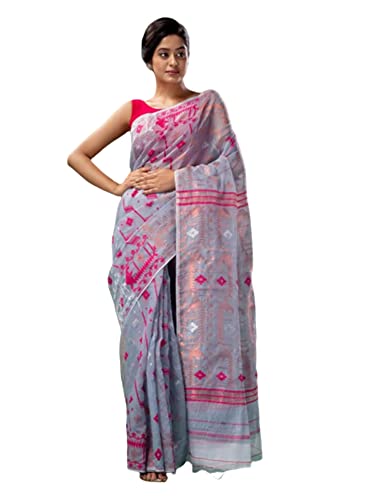 Sari bengali indien jamdani femme en coton gris de 5,5 mètres pour drapé formel