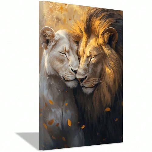 Tableau sur toile Lions enlacés dorés SYBRYTF - Impression murale grand format 60x90cm